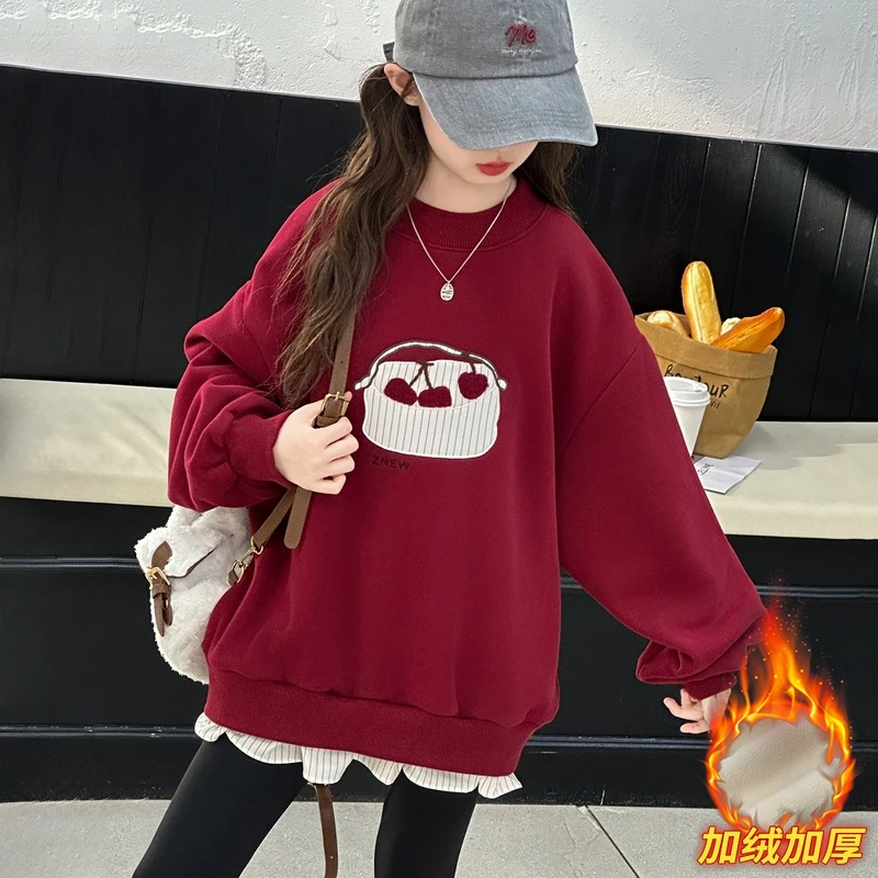 女童一体绒卫衣秋冬2025新款儿童中大童小女孩宽松加绒打底衫上衣