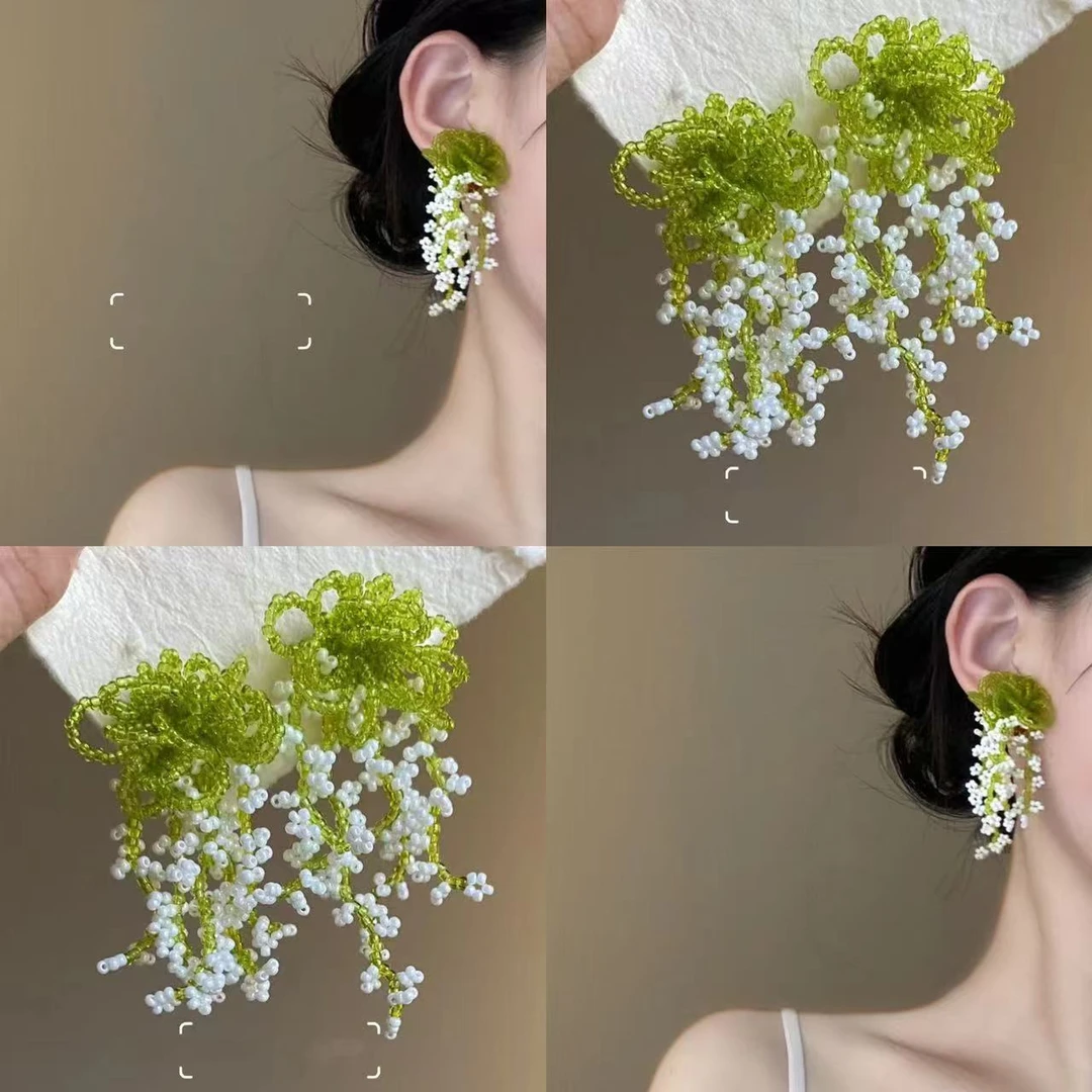 醉春风~绿色串珠流苏花朵耳环女森系清新耳钉女小众设计感耳饰女