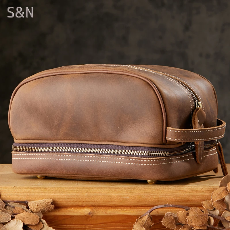 手工疯牛皮多功能洗漱包男真皮出差旅行收纳包大容量时尚化妆包女