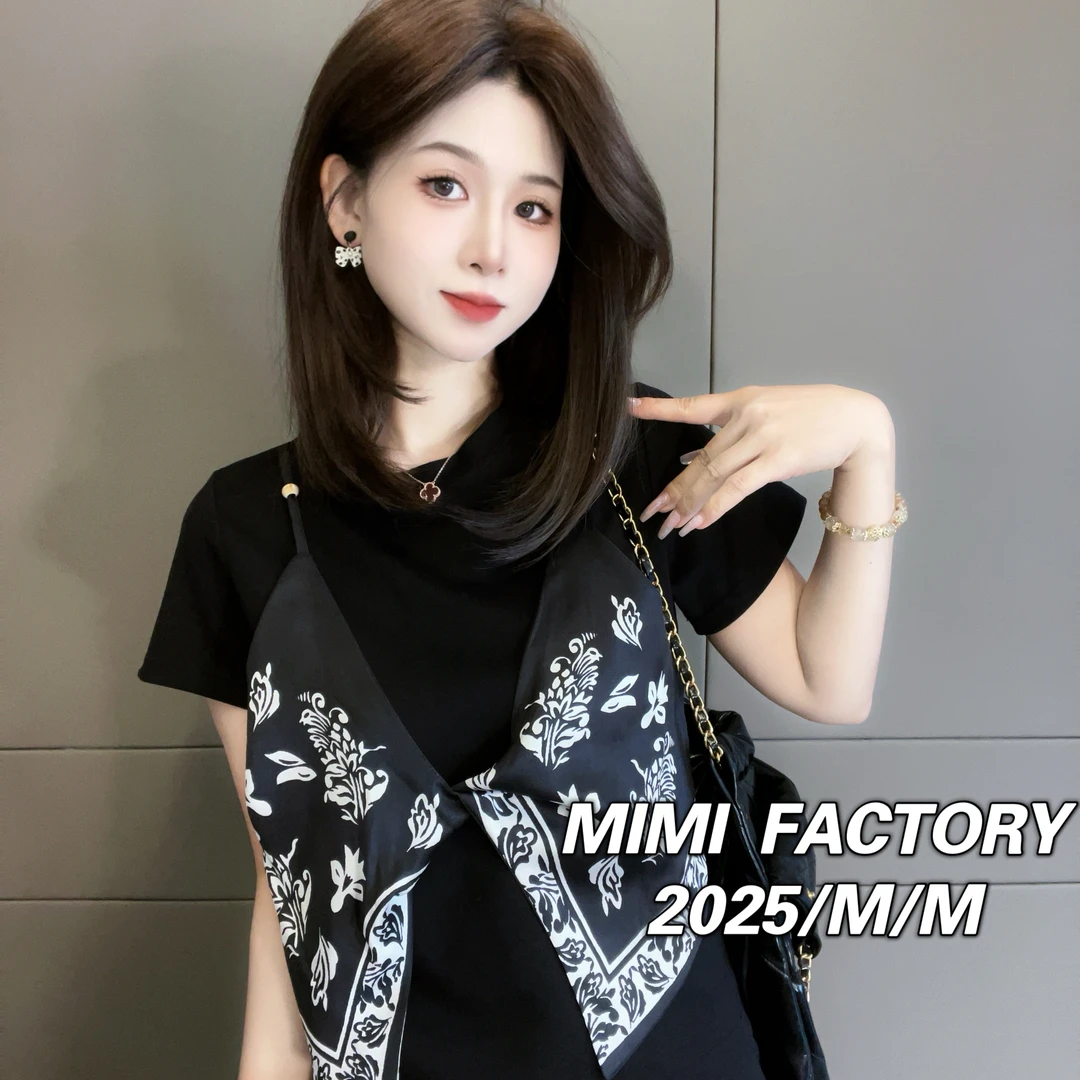 夏2025新款短袖 设计感拼接重工假两件气质短袖T恤女修身显瘦上衣