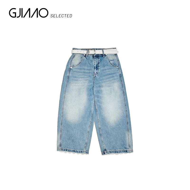 57058 口袋蕾丝边九分阔腿牛仔裤