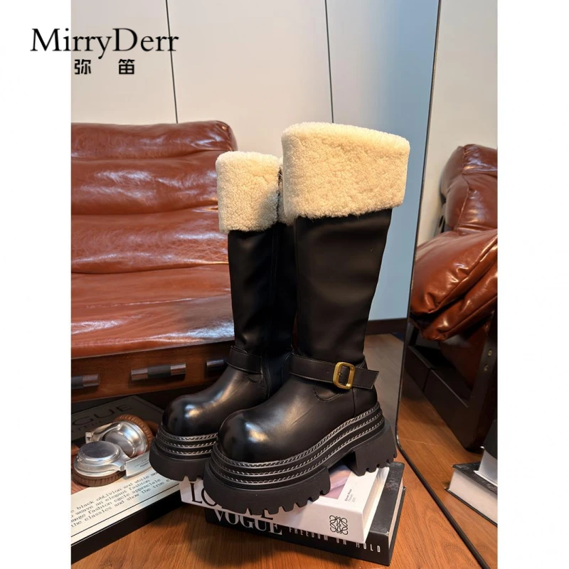 欧货高端毛松糕厚底加绒棉靴女小个子增高长筒马丁靴高筒骑士靴