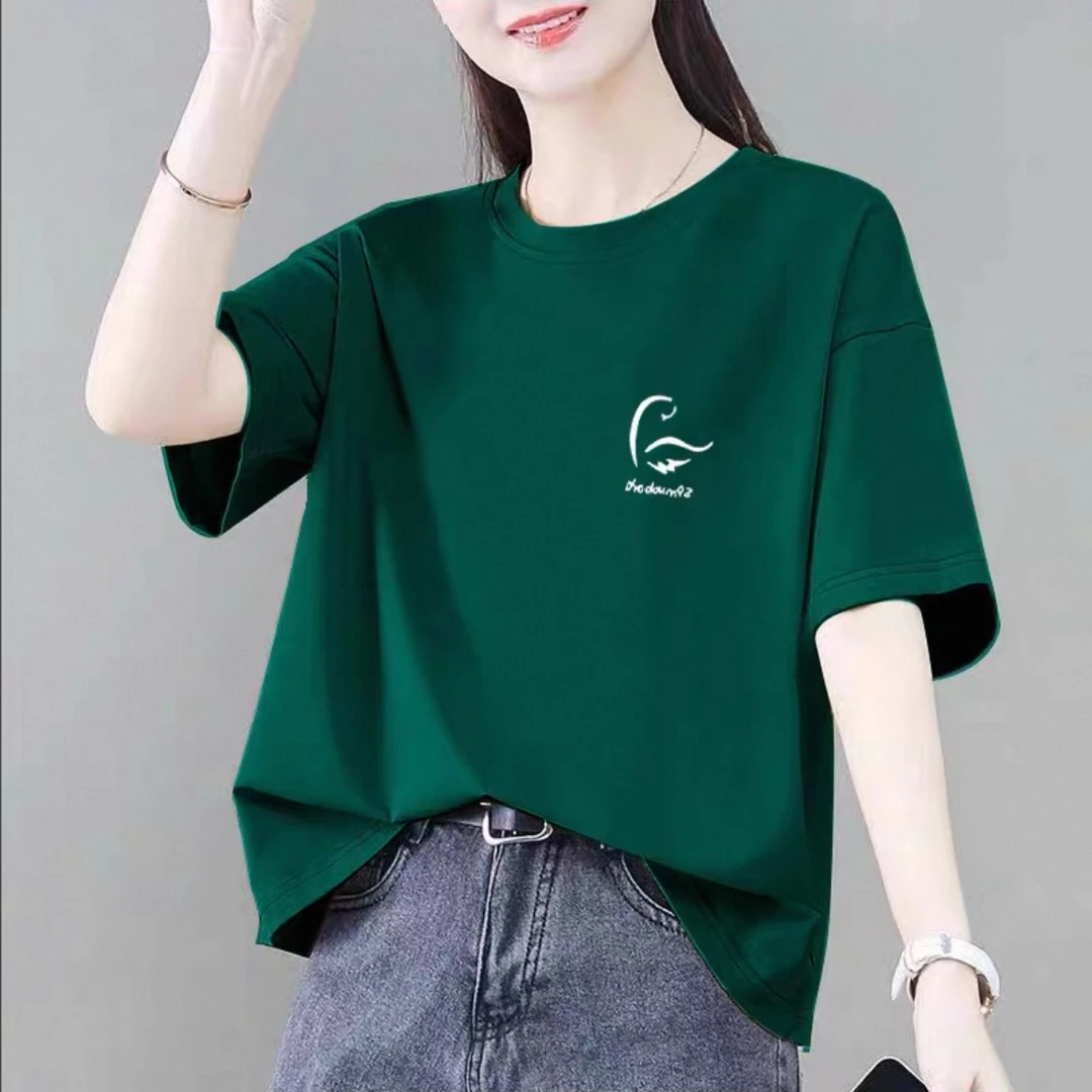 纯棉短袖t恤女士宽松显瘦2025夏季新款韩版上衣休闲大码胖mm体恤
