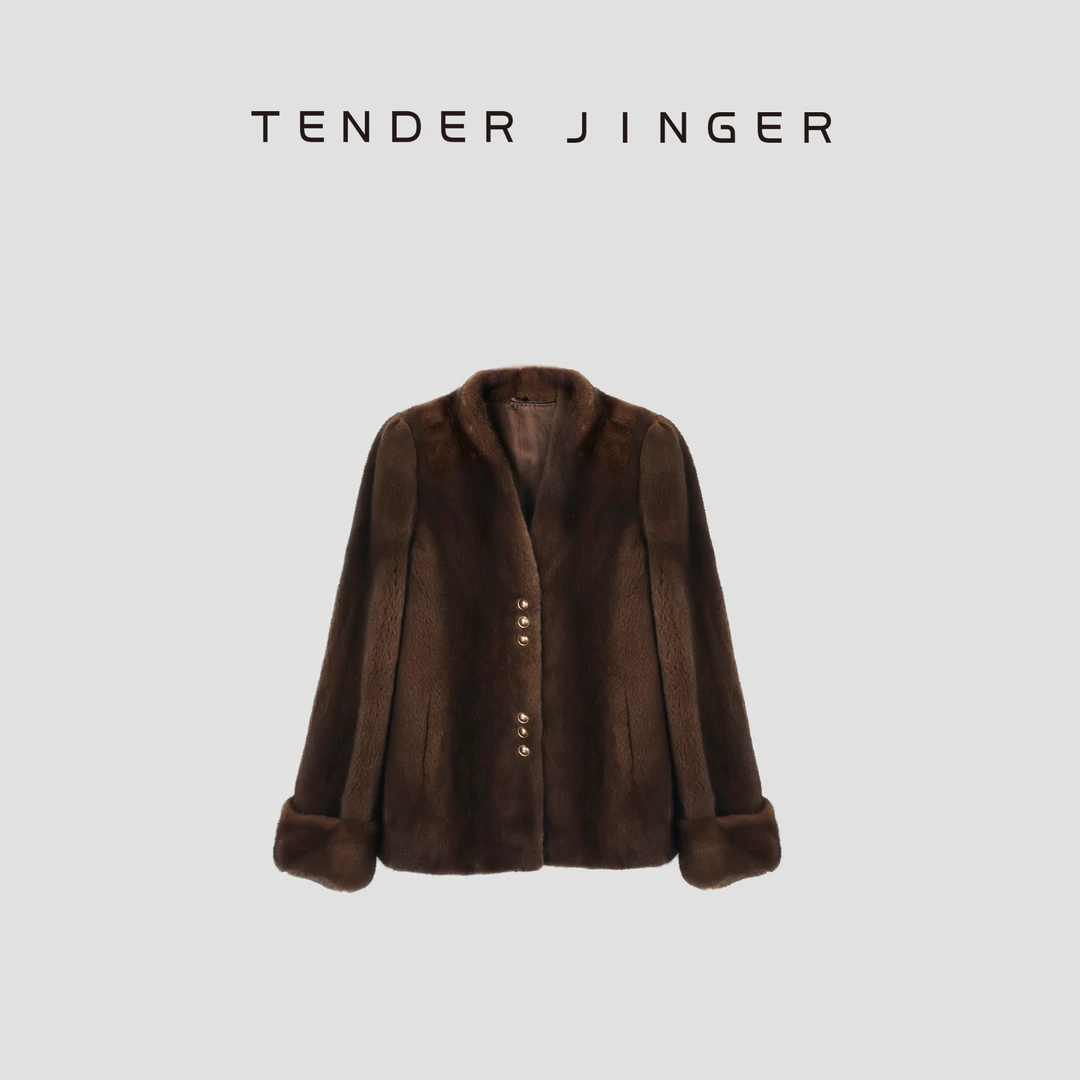 Tender Jinger【黑标】丹*进口V型领短款咖啡水貂皮草T54FF30831