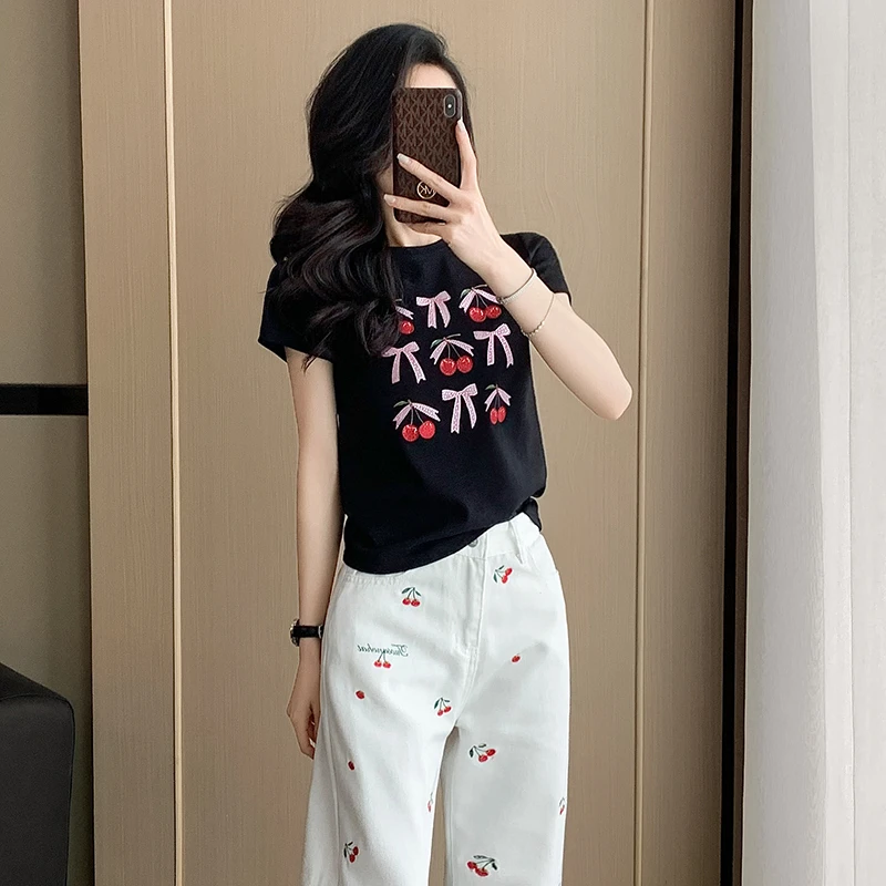 黑色正肩短袖T恤女2025夏季新款美式复古修身显瘦圆领体恤上衣