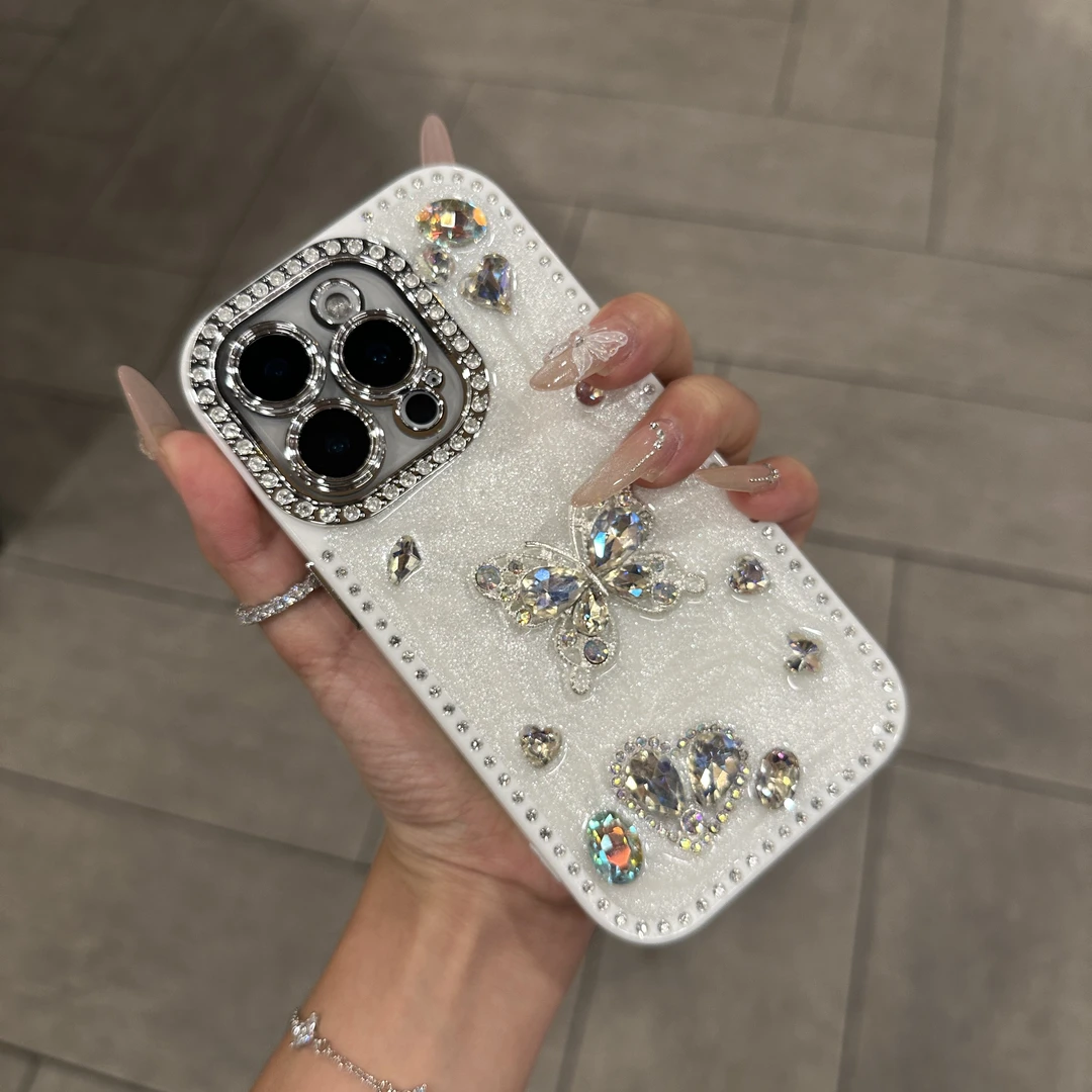 全包水钻边奶油立体蝴蝶适用苹果16promax手机壳iPhone15promax女