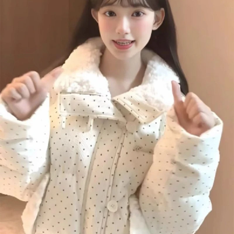 韩系甜美风波点毛领羽绒棉服外套女秋冬季宽松加厚保暖短款面包服