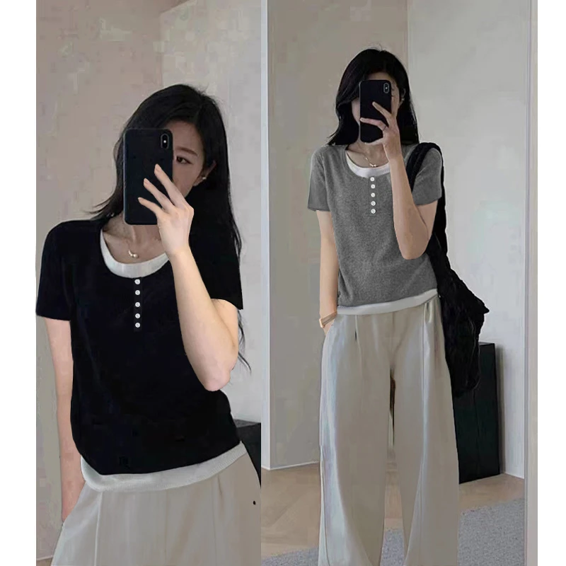 9082#夏季设计感休闲百搭显瘦不规则拼接圆领假两件短袖T恤女上衣