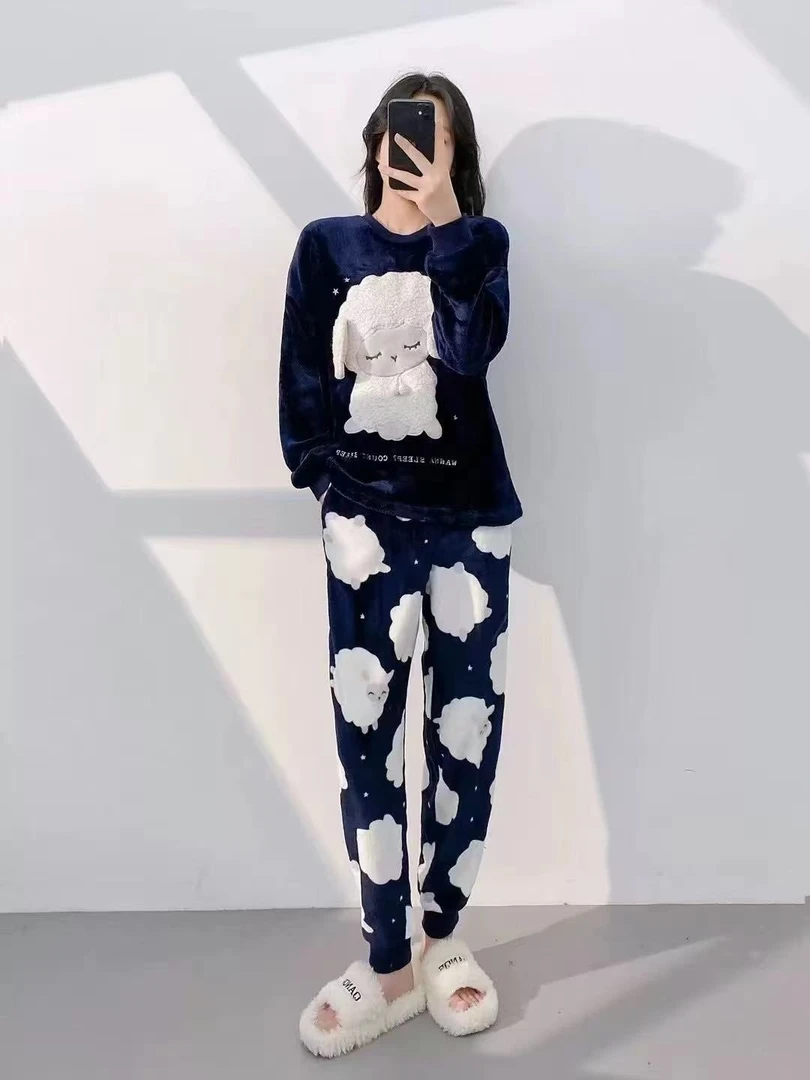 O家 西班牙女款加厚加绒睡衣套装保暖可爱卡通家居服胖mm大码亲子
