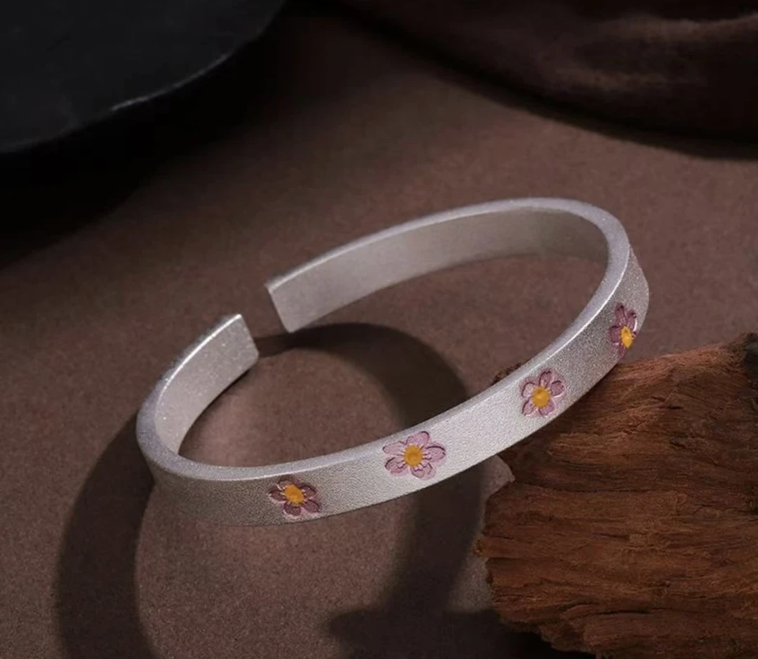 足银手镯 32号链接 国潮新中式古法珐琅樱花开口银手镯百搭礼物