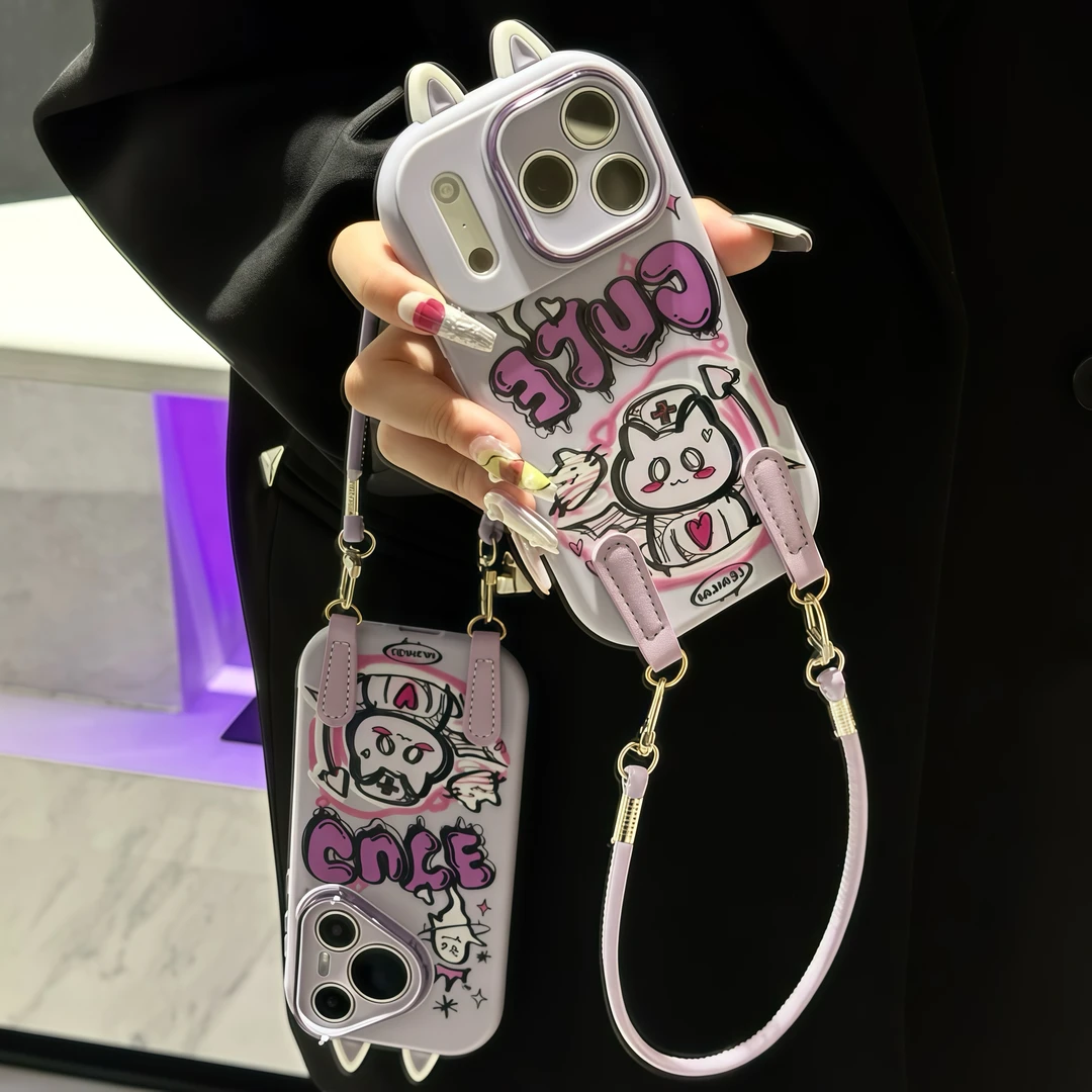 小幽灵猫耳朵挂绳适用苹果16/17手机壳iPhone15小米14vivoppo华为