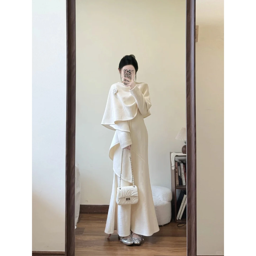 2025新款御姐风时尚套装披风外套+长袖V领收腰显瘦长裙两件套