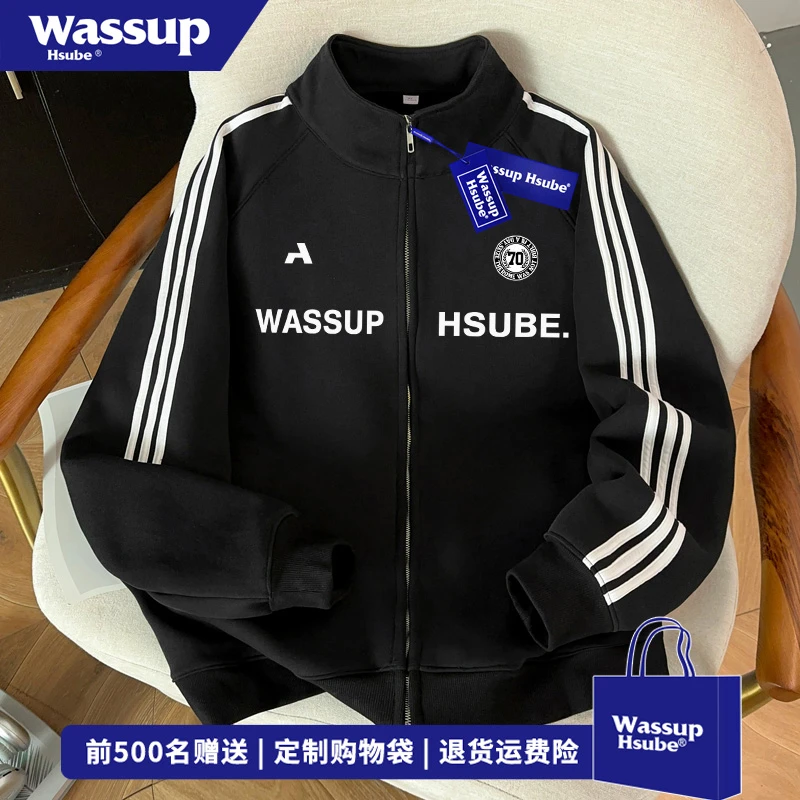 WASSUP HSUBE日系原创图案印花开衫卫衣男女秋冬季百搭三条杠外套