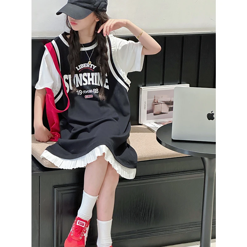 K29184假两件女童运动连衣裙2025夏装新款休闲儿童短袖裙子洋气潮