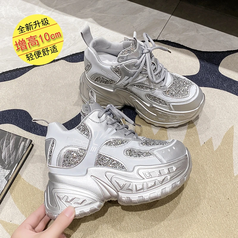 10cm银色亮片老爹鞋女秋季新款ins小个厚底内增高轻便休闲运动鞋