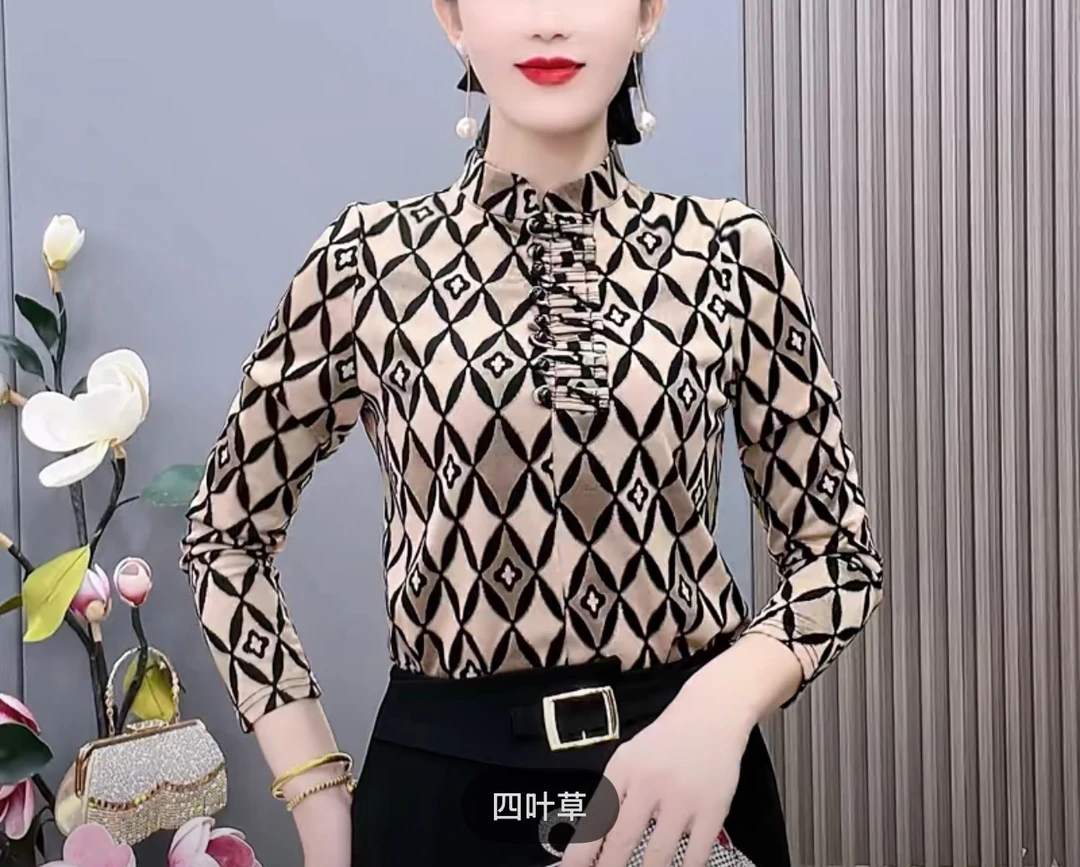 修身型立领碎花木耳边女长袖时尚洋气秋季印花