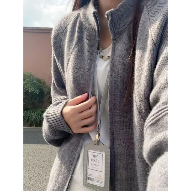 灰色cleanfit针织外套男秋冬慵懒风开衫毛衣痞帅双拉链立领针织衫