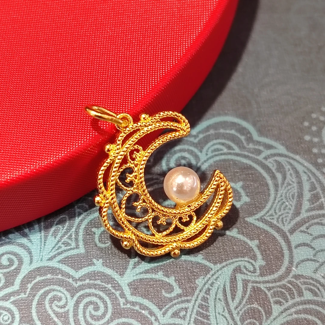 足金999花丝月亮吊坠女士精致吊坠