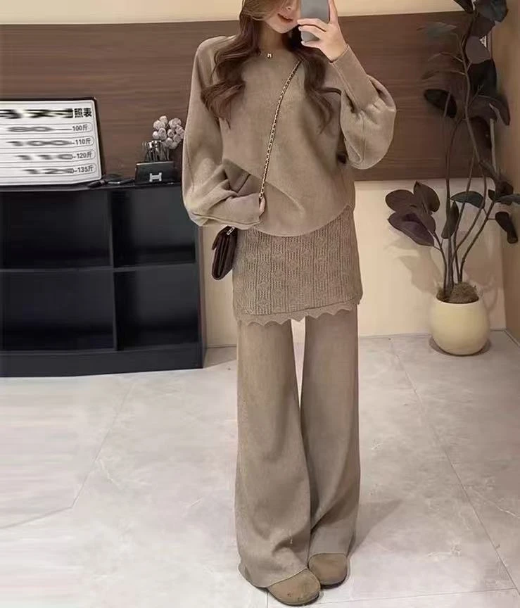 [DARUI]蝙蝠袖毛衣打底衫针织上衣外穿帘阔腿休闲裤子两件套1399