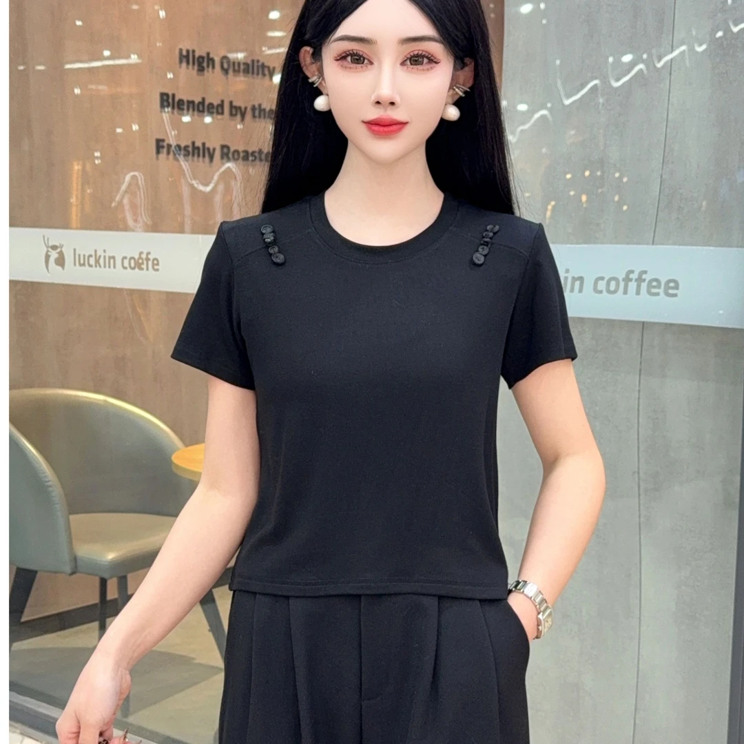 新中式夏季小短款莱赛尔盘扣圆领T恤显瘦设计女款打底上衣