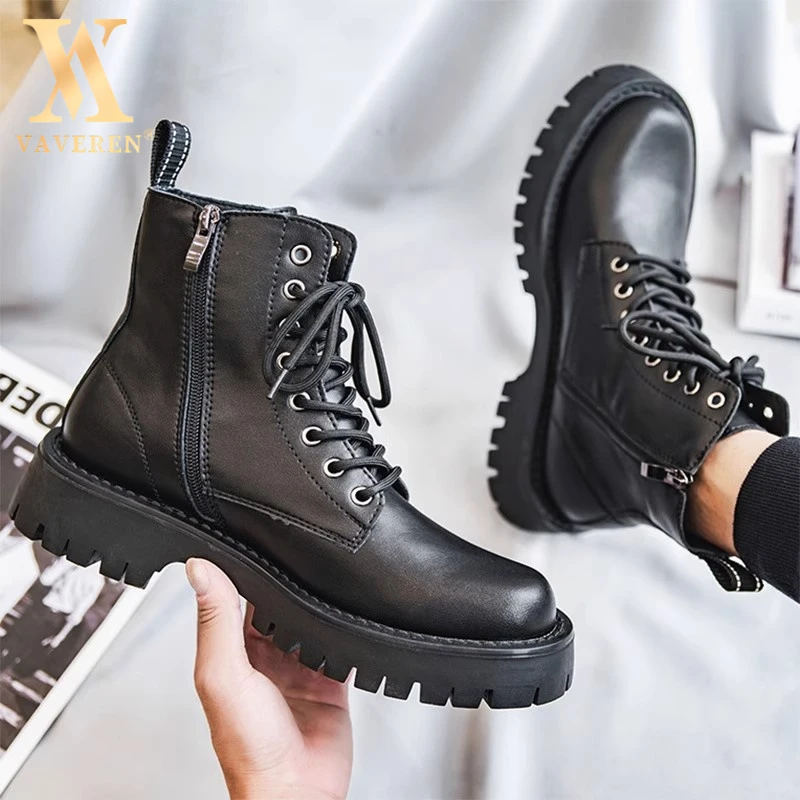 马丁靴男拉链款英伦风厚底增高工装靴子冬季加绒男士黑色马丁靴