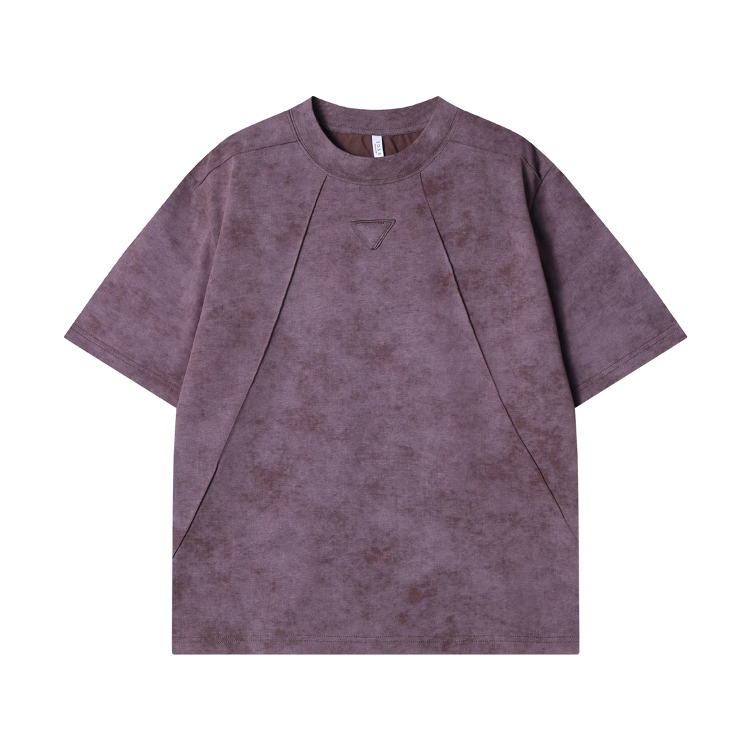 早春新款时尚个性韩版扎染倒三角褶皱圆领半袖T恤潮流百搭上衣