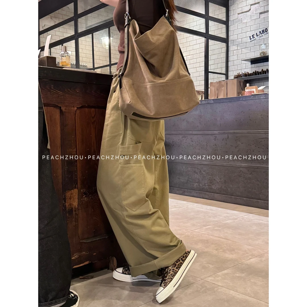 『PEACHZHOU』斜纹棉工装伐木直筒牛仔裤阔版系带调节宽松阔腿长裤