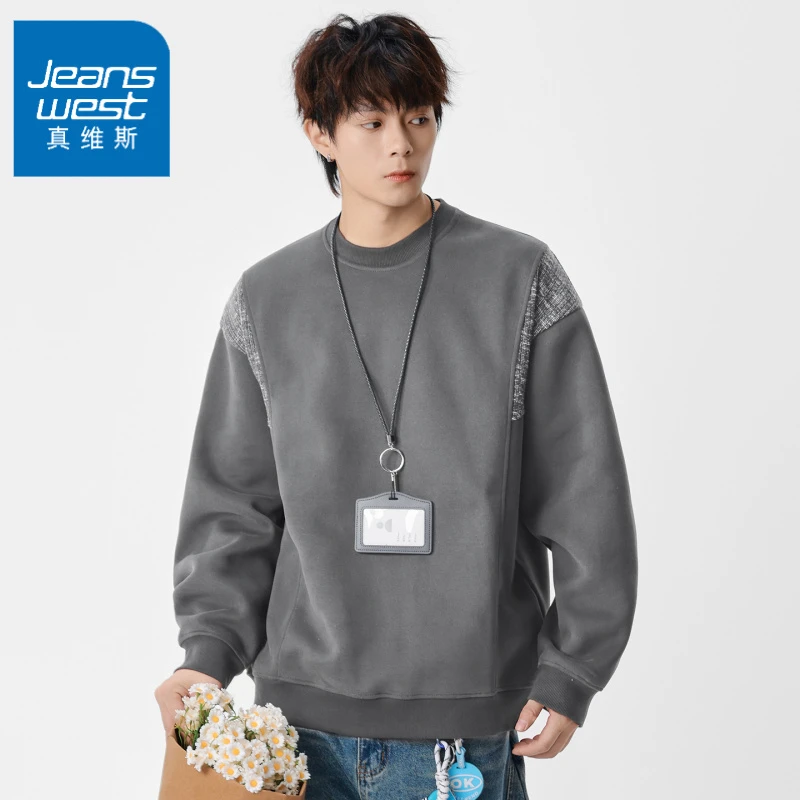 真维斯秋季新圆领卫衣男宽松日系复古拼接套头打底衫情侣潮流百搭