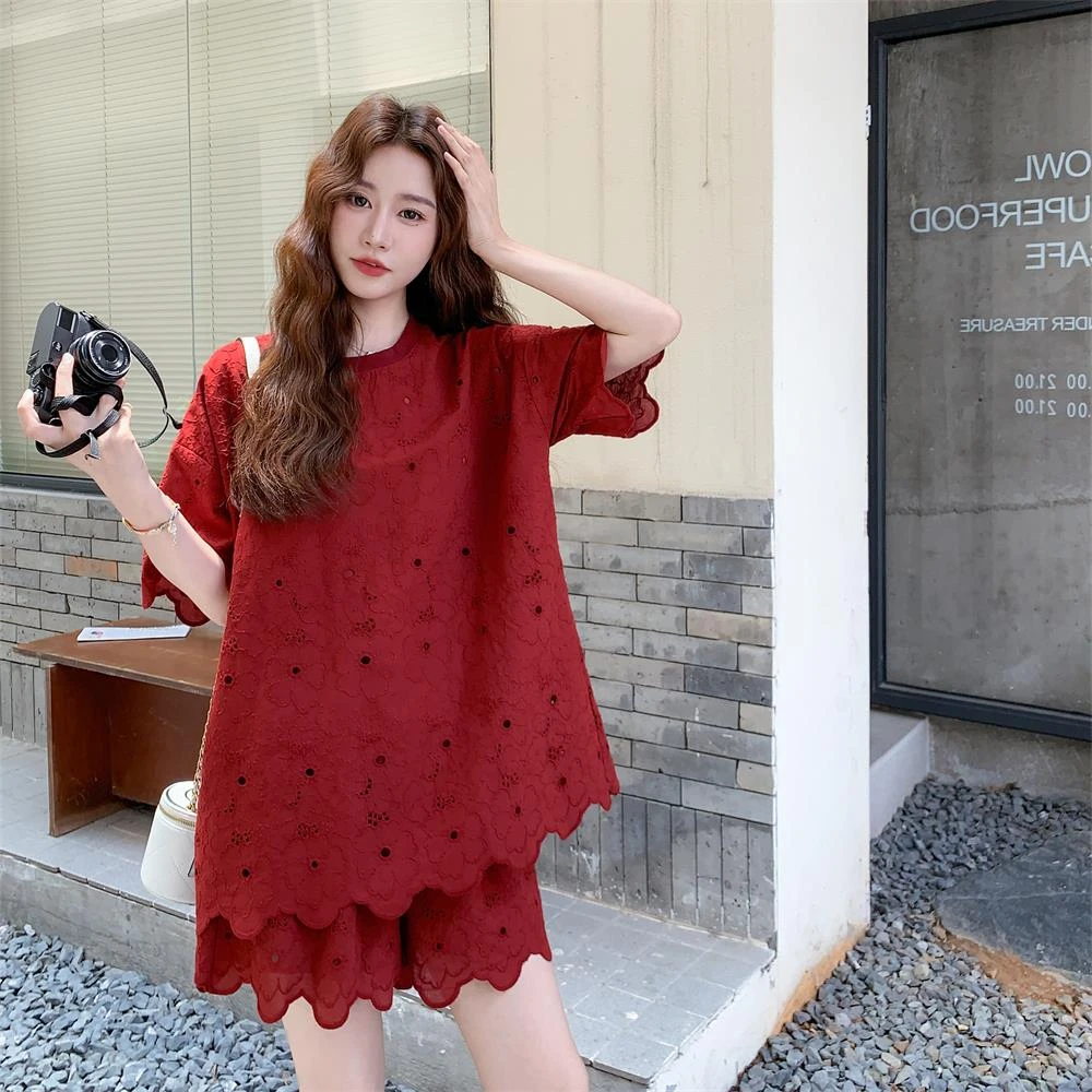 红色镂空衬衫短裤套装女夏流行重工设计感超火大方得体两件套爆款