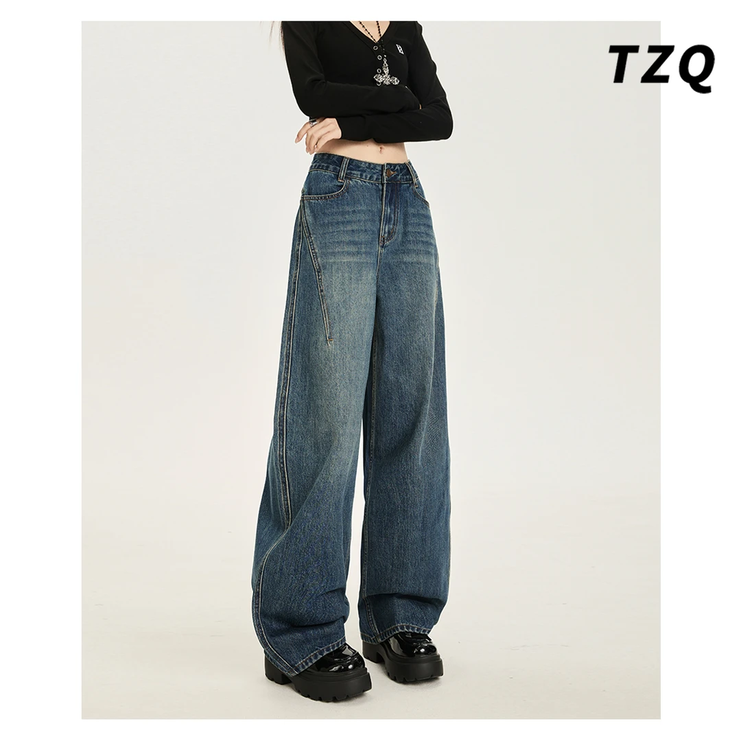 美式复古阔腿牛仔裤女秋季新款直筒宽松裤设计感拖地裤TZQ2581746