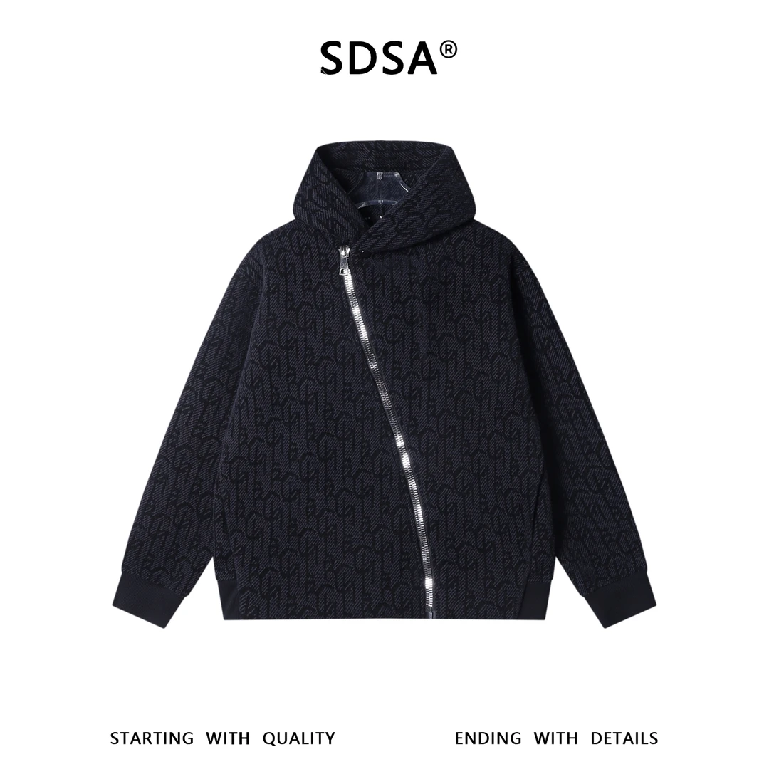 SDSA男士秋冬新款痞帅男装美式提花字母线条斜拉链连帽卫衣百搭宽