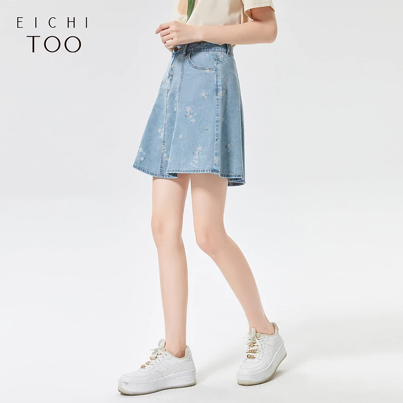 A爱居兔夏女装短裙彩色印花水洗牛仔半身裙A字裙EQDNJ2M007A