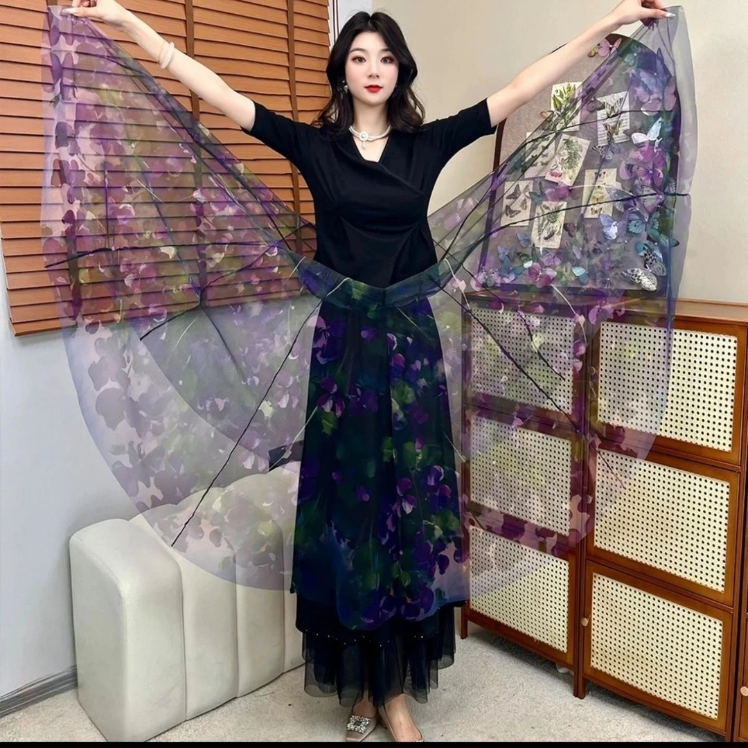 春秋款两面穿大摆裙[印花+烫钻]碎花A字长裙网纱半身裙花裙显瘦