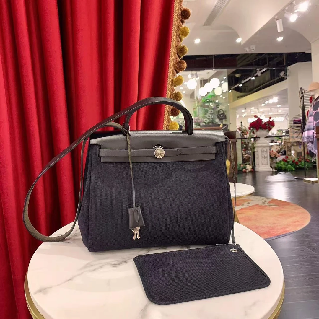 95新 Hermes/爱马仕 GGS爱马仕herbag31黑银帆布拼皮/27054231