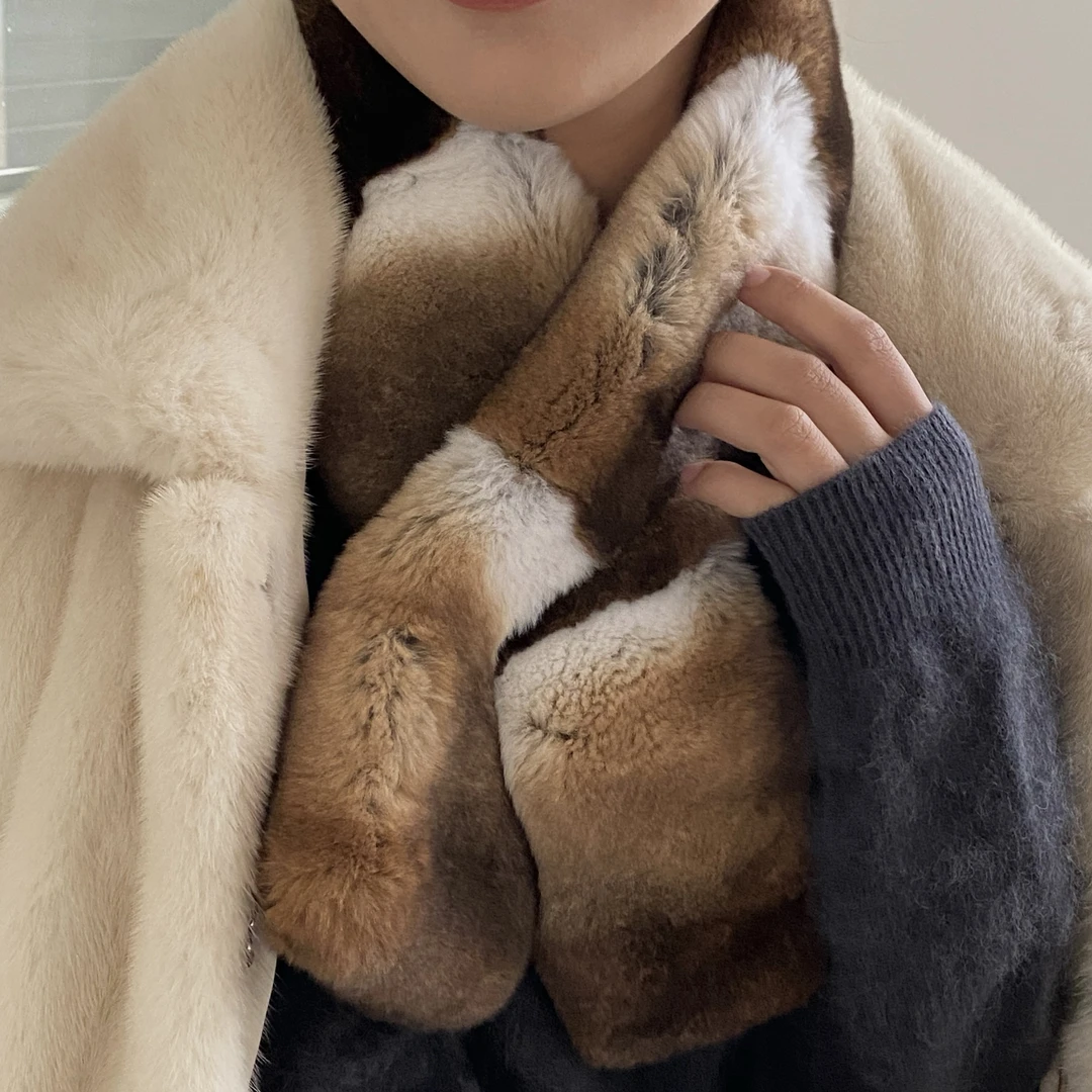 法培皮草围巾青紫蓝兔毛女冬季保暖加厚围脖小众新交叉小围巾原皮