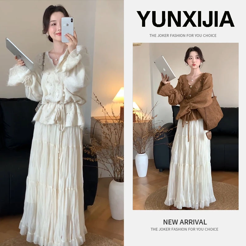 法式慵懒风镂空软糯毛衣外套女秋季2025新款针织上衣半身裙两件套