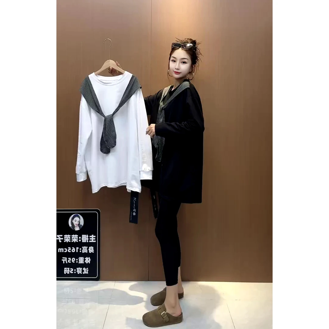 韩版条纹披肩假两件长袖T恤宽松大T