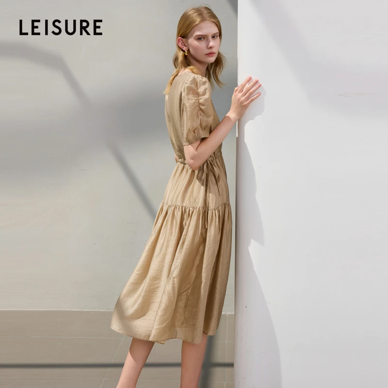 三彩丽雪leisure2025夏季新款莱赛尔连衣裙泡泡袖宽松气质A字裙女
