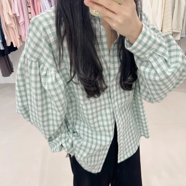 ｛小绿格｝洋气 泡泡袖 绿色格子衬衫