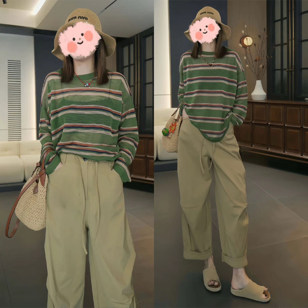 2025夏季宽松轻薄撞色条纹防晒长袖针织上衣百搭九分休闲裤套装女