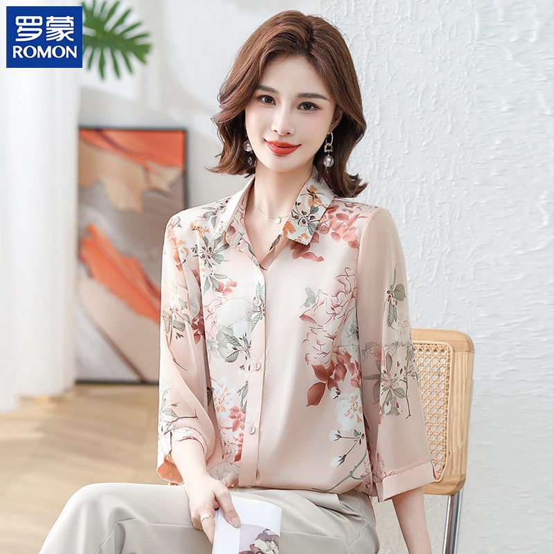罗蒙妈妈夏装花色薄款衬衫时尚气质碎花上衣中老年女新款印花小衫