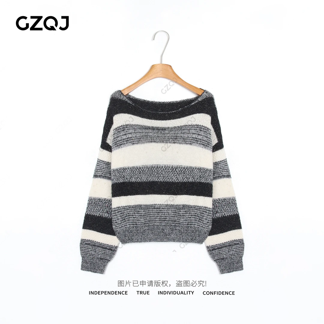 老琴私服【斜界】琥珀流光风宽松条纹长袖套头针织毛衣女秋冬35596