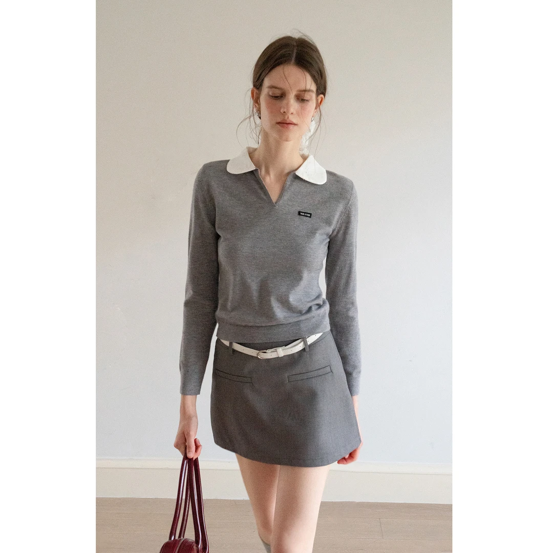 EGGKA 学院风polo领长袖针织衫女秋季新款小v领上衣E25A8136YM