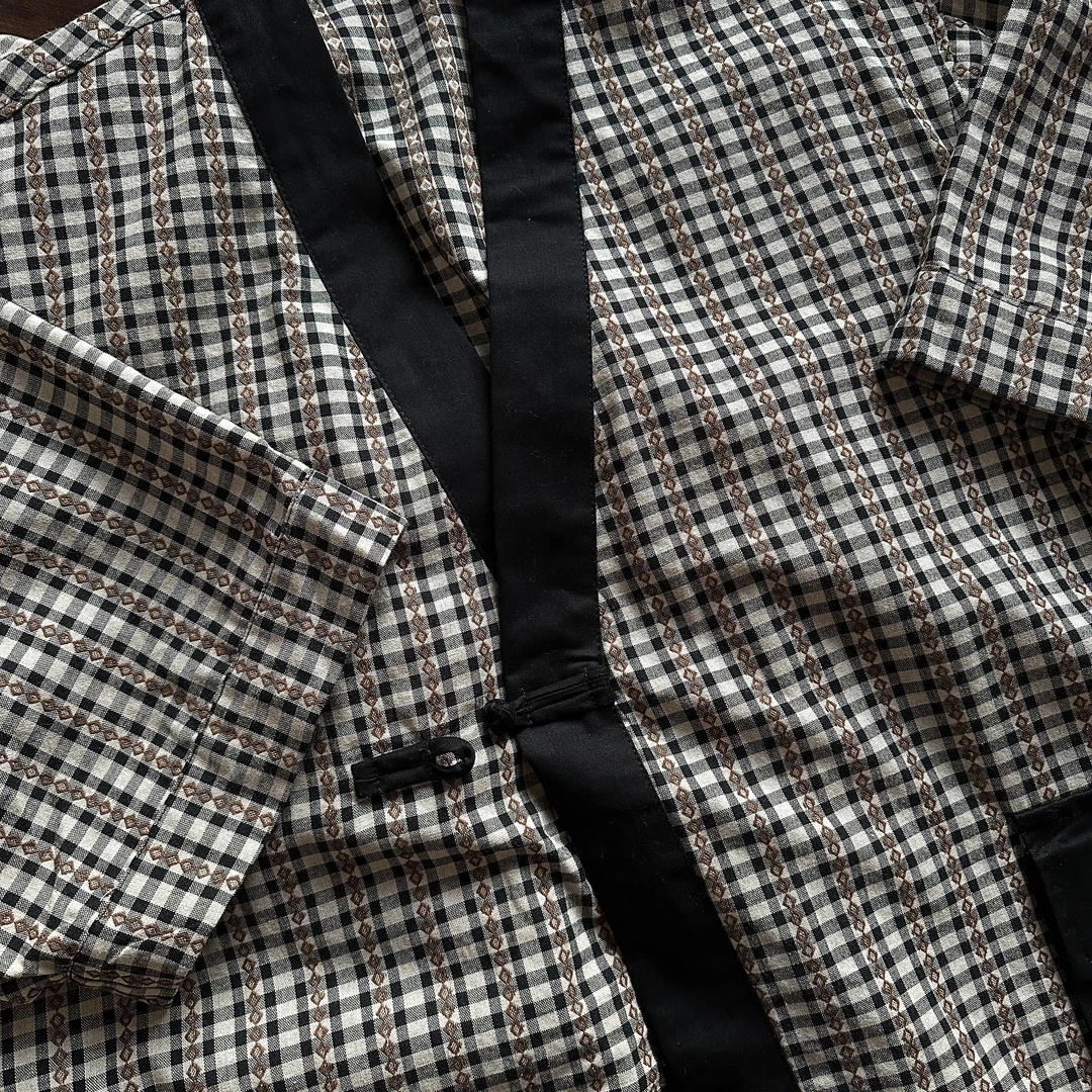 Sina日系复古拼色V领开衫半袖宽松休闲道袍3051