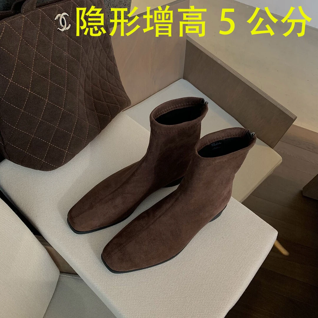 羊皮版隐形内增高小短靴绒面复古方头百搭粗跟瘦瘦短筒靴女秋冬