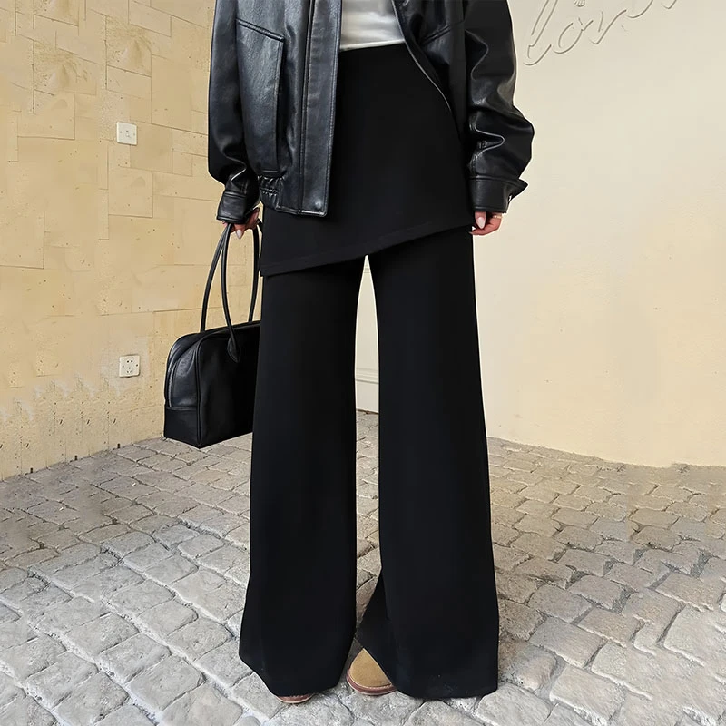 大码设计感两片式黑色屁帘休闲裤女秋冬胖mm巨显瘦遮胯直筒阔腿裤