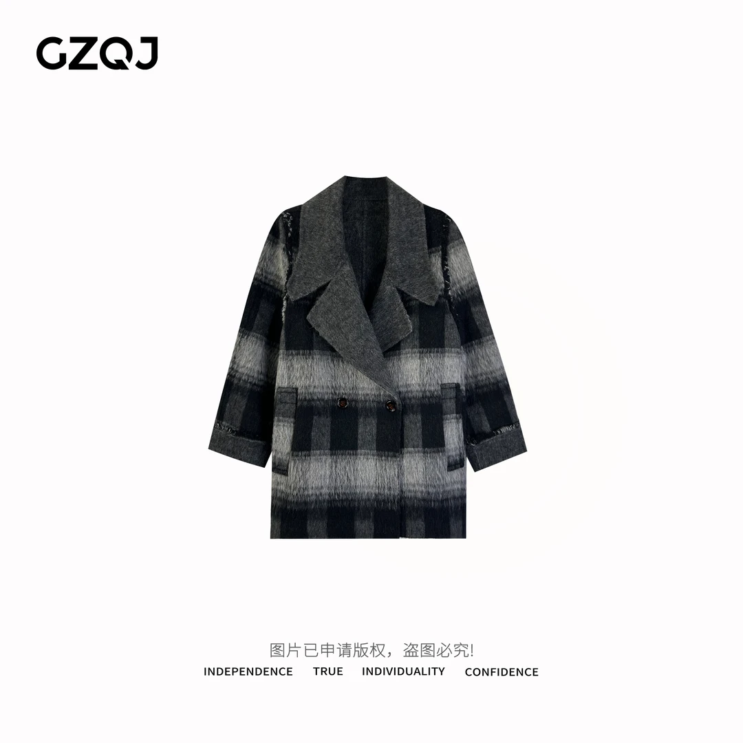广州琴姐【定格初心】法式格子羊毛双面呢大衣女秋冬毛呢外套女604
