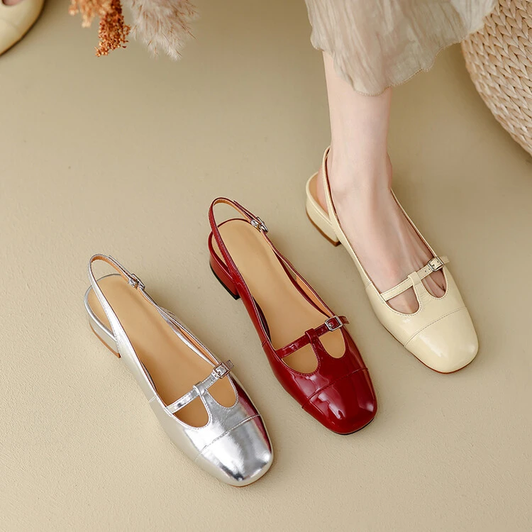 法式优雅包头凉鞋女粗跟鞋一字扣带复古漆皮单鞋方头真皮玛丽珍鞋