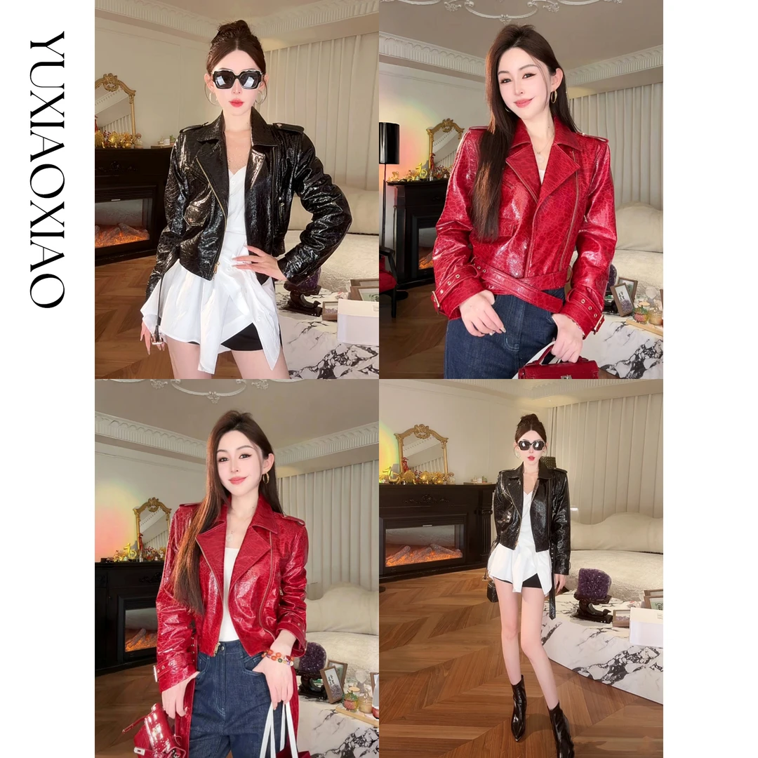 余潇潇【烈焰玫瑰】进口绵羊皮酷飒机车风古法工艺裂纹翻领短款皮衣