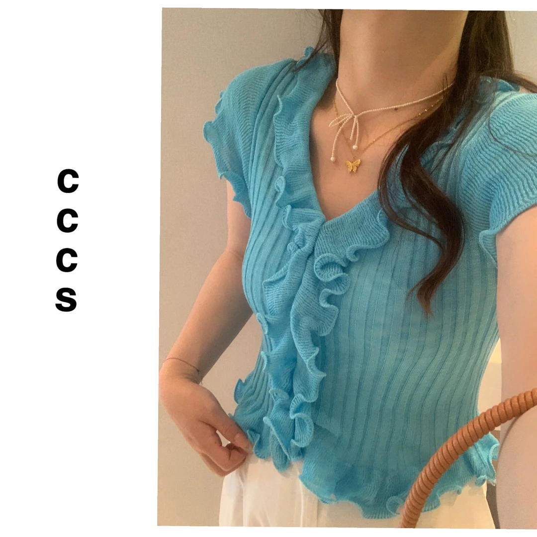 2025夏季韩版修身短款木耳花边设计感显瘦百搭短袖针织衫